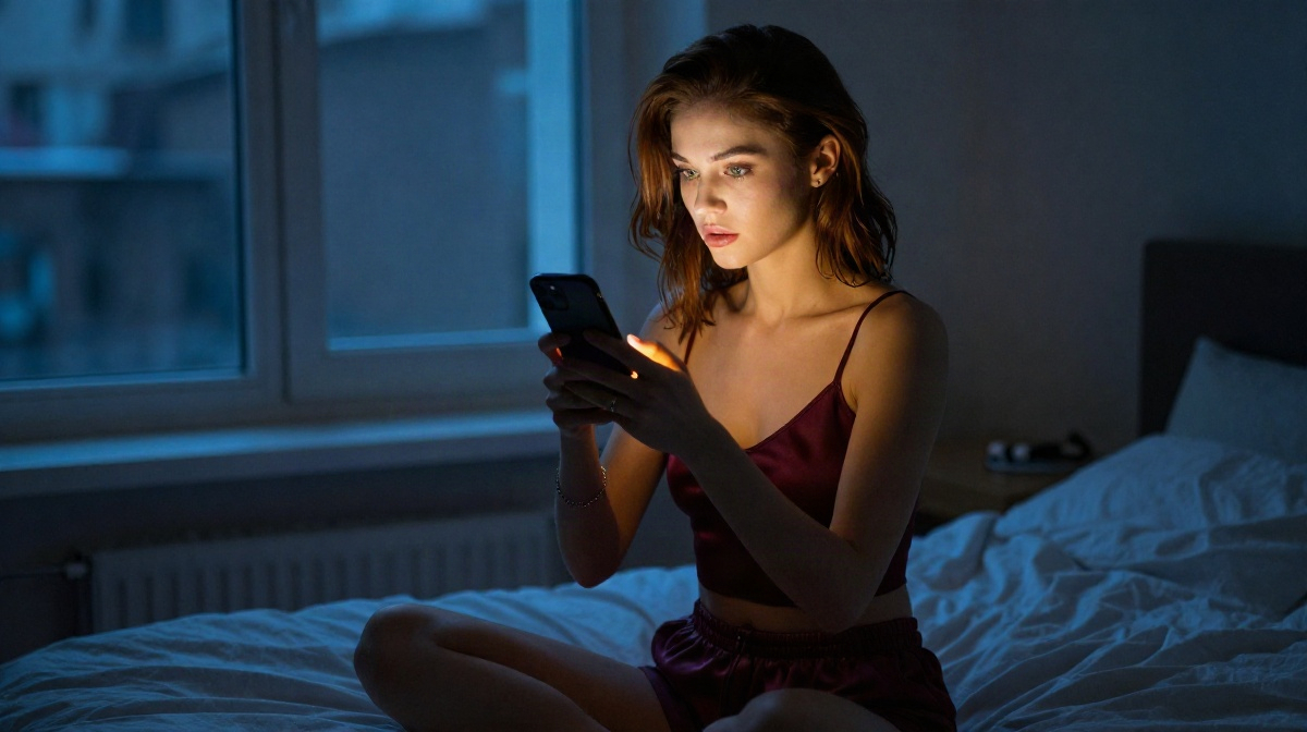 Женщина в тёмной спальне, освещённая экраном смартфона, погружённая в виртуальное общение
